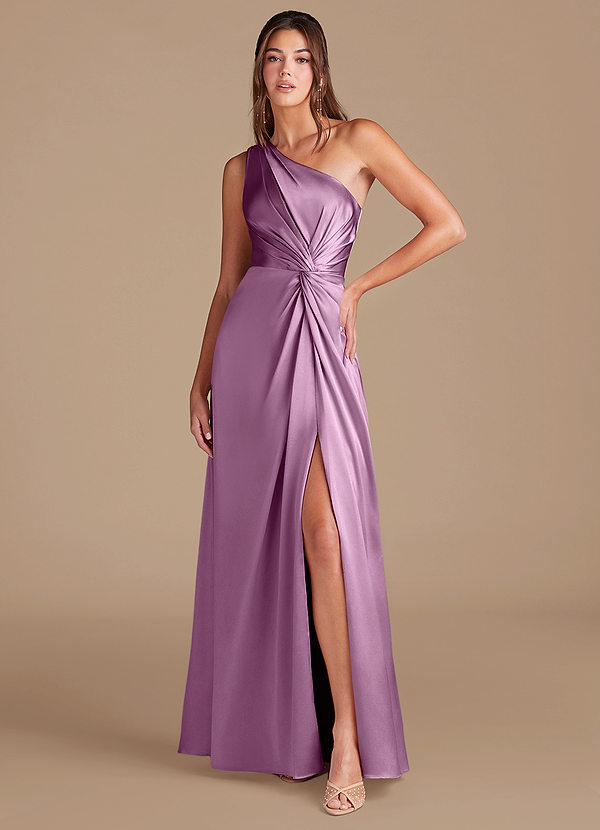 Azazie Brooke Bruidsmeisjes Jurken Jurk van Metaalachtig Satijn met A-Lijn One-Shoulder Blauweregen image1