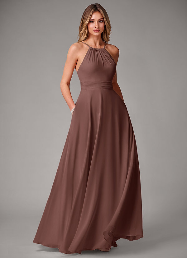 Azazie Amalia Brautjungfernkleider A-Linie Plissee Chiffon Kleid Espresso image1