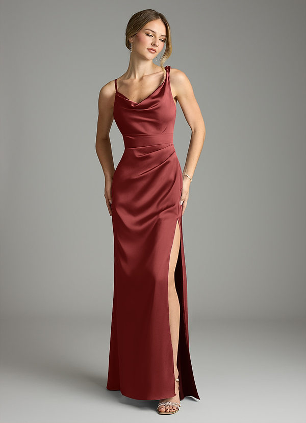 Azazie Samara Robes de demoiselle d'honneur Robe Sirène en Satin extensible Plissé Terracotta image1