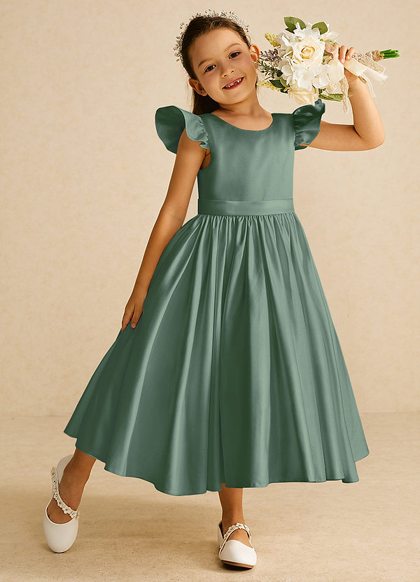 Azazie Violeta Flower Girl Dresses Eucalyptus Ball-Gown Bow Matte Satin Dress image1