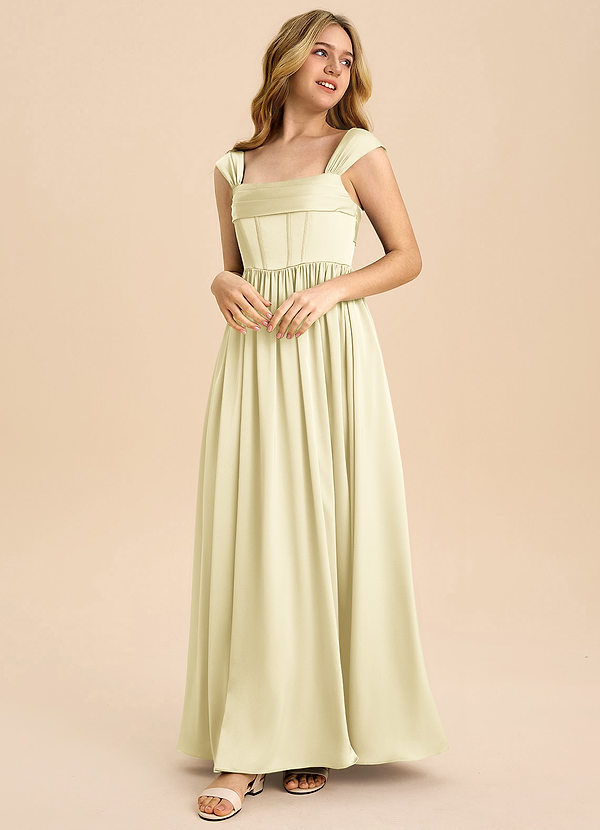 Azazie Hattie Junior Lemon Sorbet A-Line Pleated Stretch Satin Dress image1