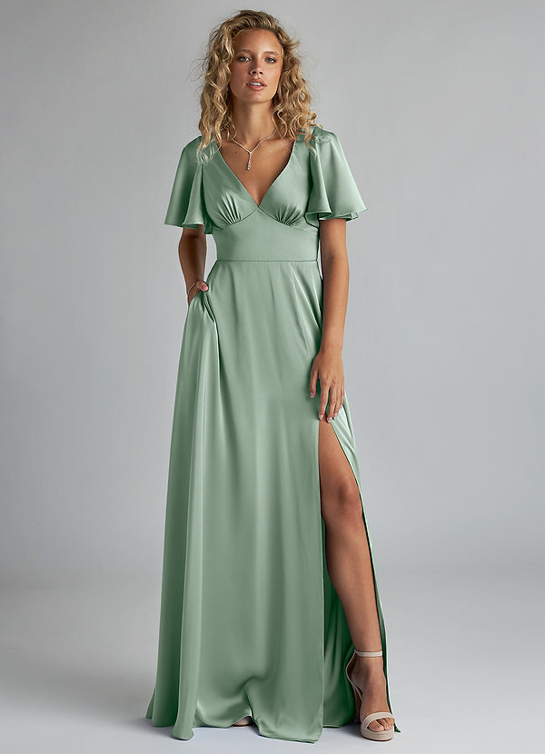 Azazie Kimber Bridesmaid Dresses Agave A-Line Ruched Stretch Satin Dress image1