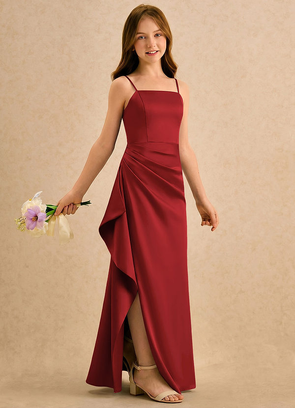 Azazie Cannoli Girls Formal Blumenkinder Kleider A-Linie Plissee Stretch-Satin Kleid Granatapfelrot image1