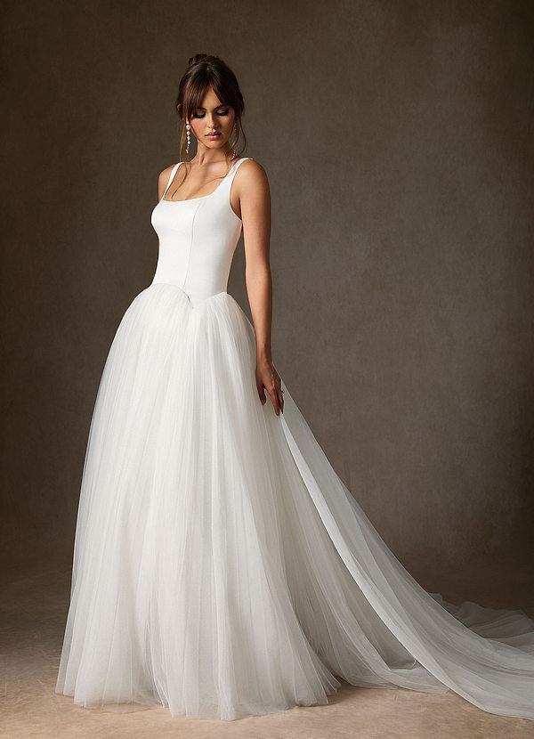Azazie Samirah Wedding Dresses Diamond White A-Line Detachable Train Double Faced Satin Dress image1