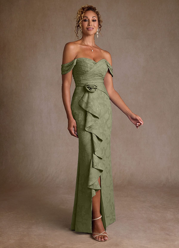 Azazie Irene Robe Mère de la Mariée & du Marié Robe Trapèze en Blumen-Burnout Épaule décolletée Pistache image1