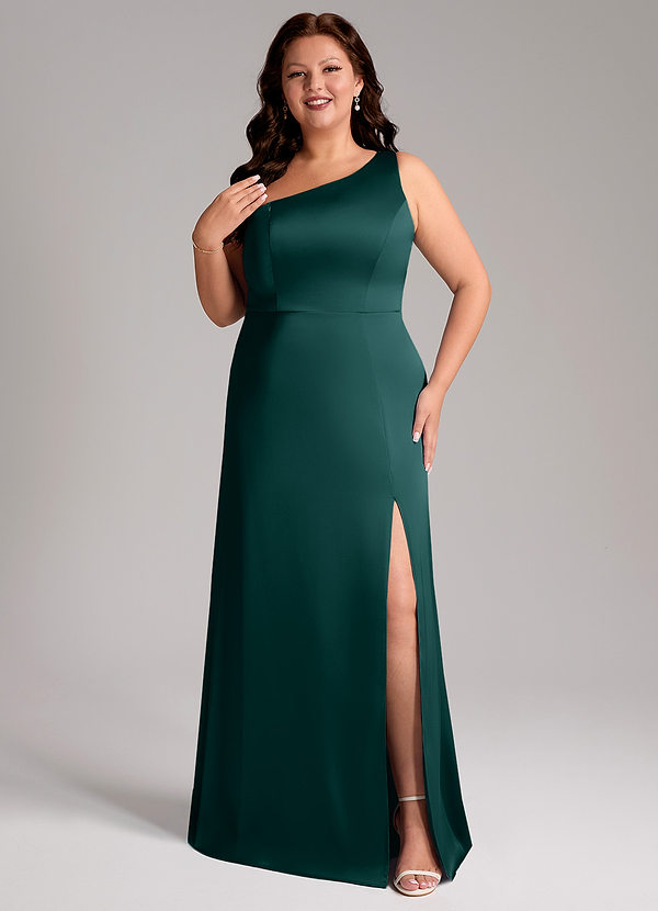 Azazie Phaedra Robes Demoiselle d'honneur Robe Trapèze en Satin extensible Une épaule Vert Pin image1