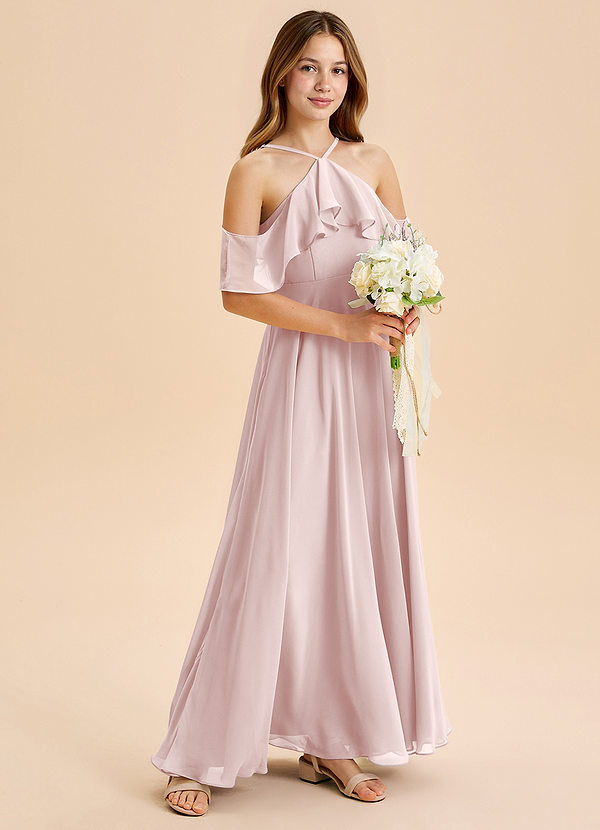 Azazie Tessabelle Junior Blushing Pink A-Line Off the Shoulder Chiffon Dress image1