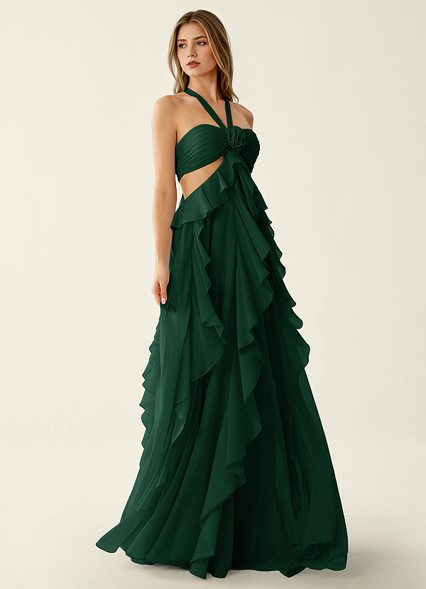 Gelsomina Verde Smeraldo Abito da ballo a trapezio in chiffon con fiori 3D e volant image1