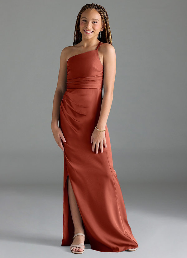 Azazie Eren Junior Terracotta Sheath Pleated Stretch Satin Dress image1