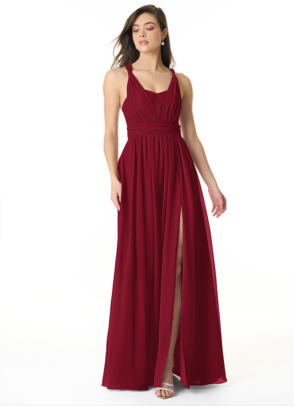 Azazie Olani Bridesmaid Dresses Burgundy A-Line One Shoulder Chiffon Convertible Dress image1