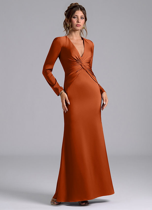 Azazie Tria Bridesmaid Dresses Burnt Orange Mermaid Long Sleeve Stretch Satin Dress image1