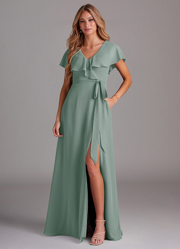 Azazie Lainey Bridesmaid Dresses Silver Sage A-Line with Pockets Chiffon Dress image1