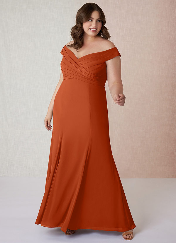 Azazie Lecia Bridesmaid Dresses Burnt Orange Empire Off-The-Shoulder Pleated Chiffon Convertible Dress image1