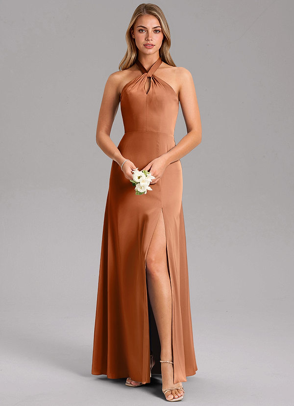 Azazie Tracie Bridesmaid Dresses Copper A-Line Side Slit Stretch Satin Dress image1