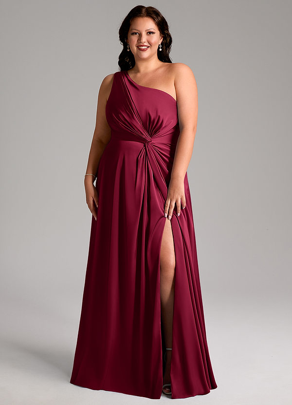 Azazie Brooke Bridesmaid Dresses Burgundy A-Line One Shoulder Stretch Satin Dress image1