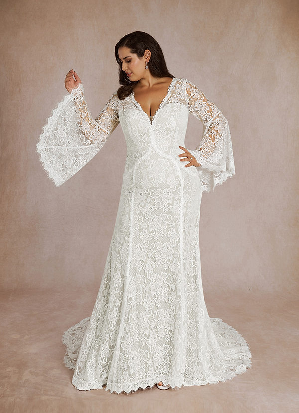 Azazie Hayes Wedding Dresses Diamond White Mermaid V-Neck Lace Dress image1