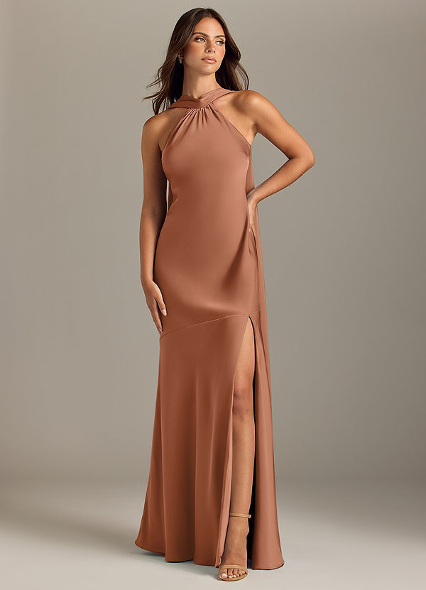 Azazie Kinsley Bridesmaid Dresses Bronzer Mermaid Side Slit Stretch Satin Dress image1