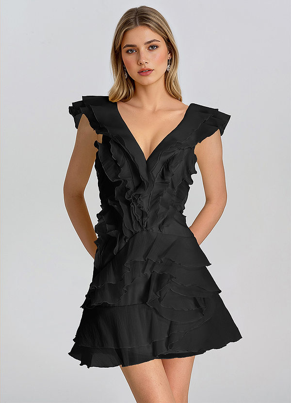 Novalise Schwarz V-Ausschnitt Rüschen-Minikleid mit Rückenbindung image1