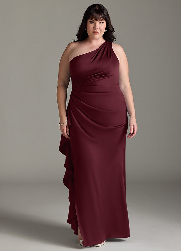 Azazie Latrice Bruidsmeisjes Jurken Jurk van Stretch Satijn met Kolom Eén schouder trapsgewijze ruches Cabernet image1