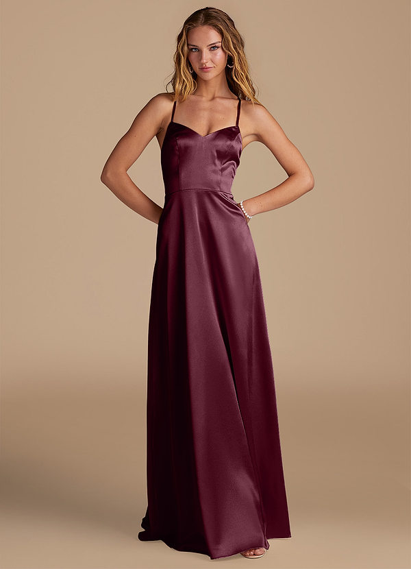 Azazie Mei Brautjungfernkleider A-Linie Herzausschnitt Metallischer Satin Kleid Cabernetrot image1