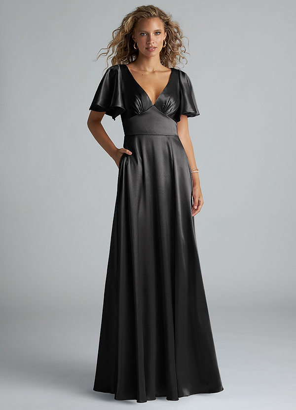 Azazie Kimber Bridesmaid Dresses Black A-Line Ruched Metallic Satin Dress image1