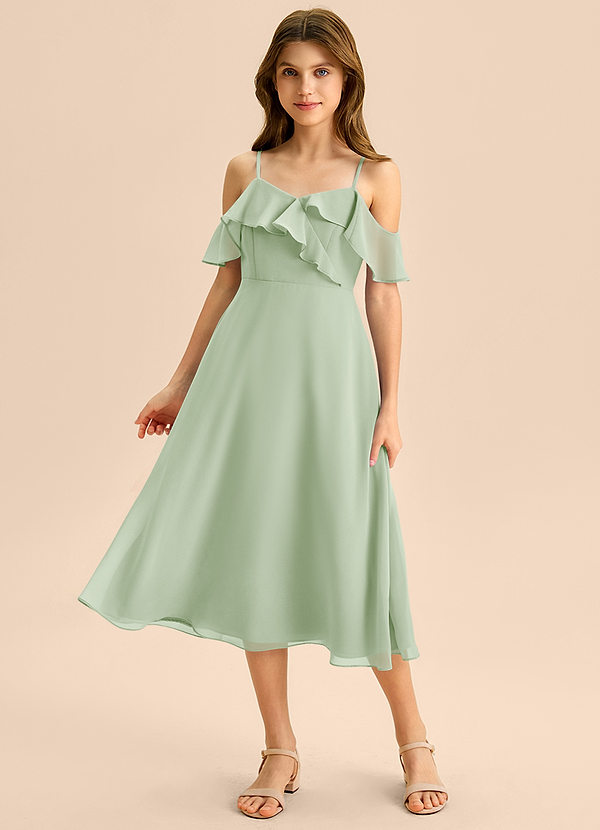 Azazie Kamilla Junior Abito A-Line in Chiffon a Spalla Scoperta Verde Salvia image1