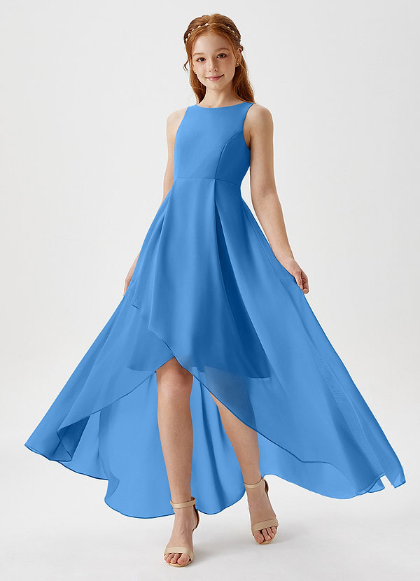 Azazie Lizette Junior Abito A-Line in Chiffon Plissettato Blue Jay image1