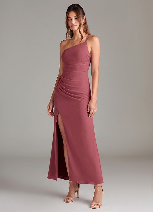 Azazie Eren 신부 들러리 드레스 인어 한쪽 어깨 쉬폰 발목 길이 드레스 image1