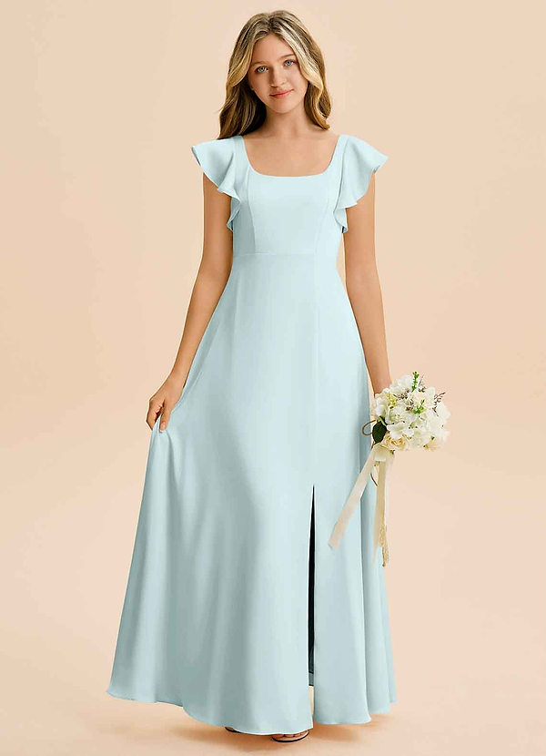 Azazie Bondi Junior Sea Glass A-Line Side Slit Stretch Satin Dress image1