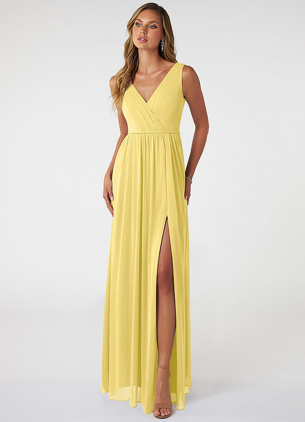 Azazie Tanicia Bridesmaid Dresses Canary A-Line V-Neck Pleated Mesh Dress image1