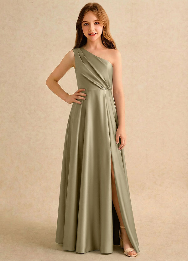 Azazie Puddles Girls Formal Flower Girl Dresses Moss Green A-Line One Shoulder Stretch Satin Dress image1
