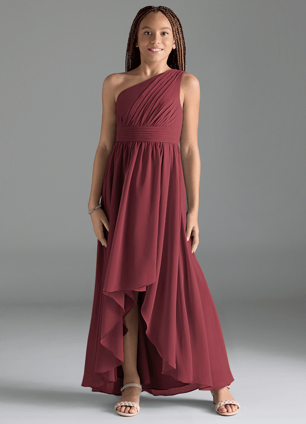 Azazie Mathilda Junior Robe Trapèze en Mousseline de soie Plissée Merlot image1