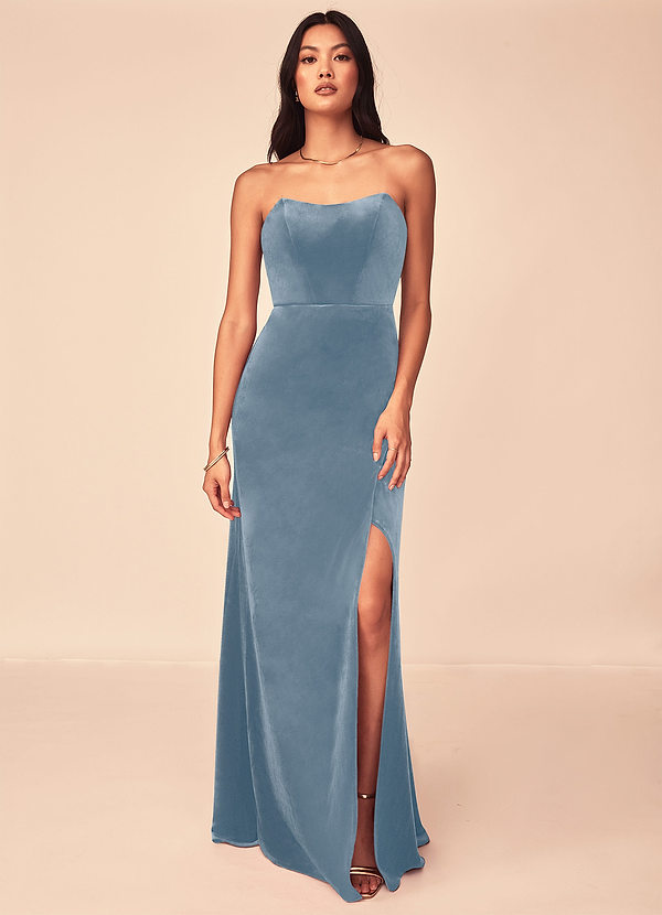 Azazie Nereda Robes Demoiselle d'honneur Robe Trapèze Convertible en velours Sans bretelle Bleu Poussiéreux image1