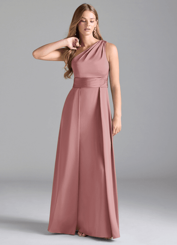 Azazie Dallas Bridesmaid Dresses Dusty Rose A-Line One Shoulder Stretch Satin Dress image1