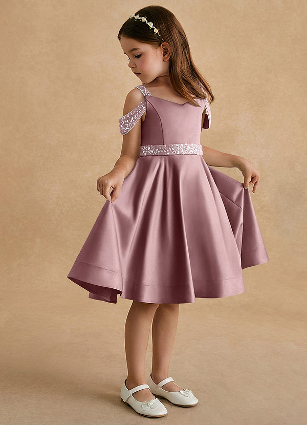 Azazie Judi Bloemenmeisjes Jurken A-Lijn Jurk van Mat Satijn Stoffige Roos image1