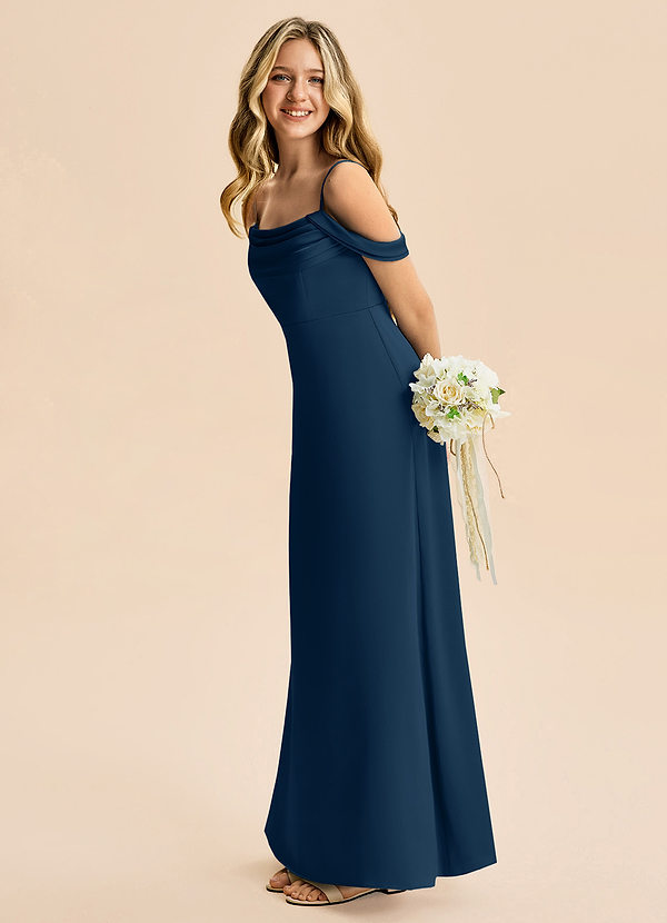 Azazie Lettie Junior Dark Navy A-Line Off the Shoulder Stretch Satin Dress image1