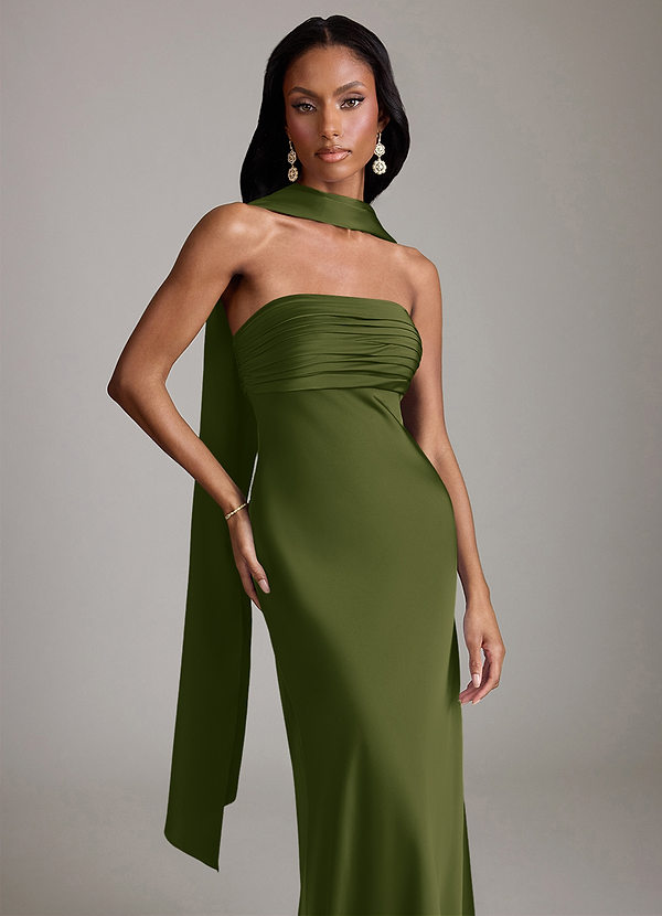 Azazie Saylor Brautjungfernkleider Meerjungfrau-Linie Schulterfrei Stretch-Satin Kleid Helles Olivgrün image1