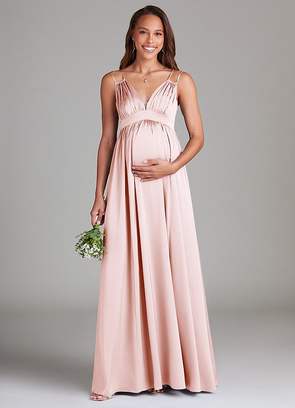 Azazie Emree Maternity Bridesmaid Dresses A-Line Stretch Satin Floor-Length Dress with Pockets image1