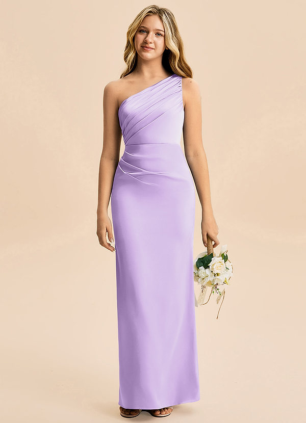 Azazie Akilah Junior Lilac Sheath Pleated Stretch Satin Dress image1