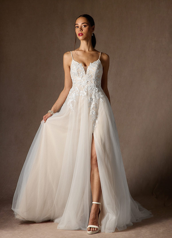 Azazie Nikita Wedding Dresses Diamond White Champagne A-Line Sequins Tulle Dress image1