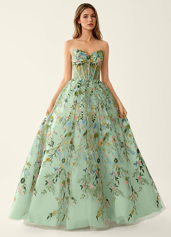 Vespermen Vert Clair Robe de bal brodée de fleurs colorées image1