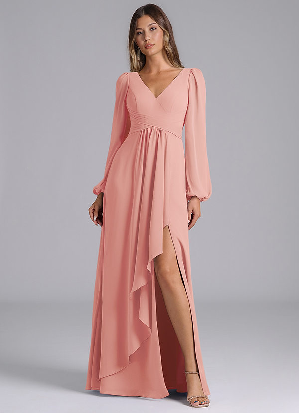 Azazie Liah Bridesmaid Dresses Rosette A-Line Long Sleeve Chiffon Dress image1