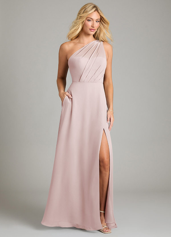 Azazie Phaedra Bridesmaid Dresses Blushing Pink A-Line One Shoulder Chiffon Dress image1