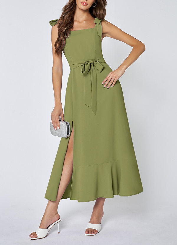 front Love Of Romance Army Green Tie-Straps Ruffled Midi Dress