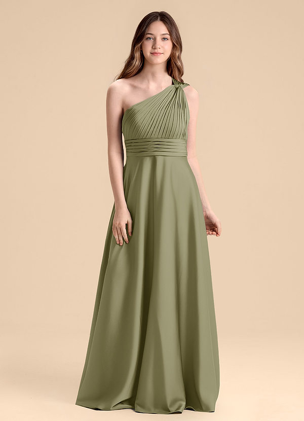 Azazie Charlize Junior Vestido de Pistacho de Satén Elástico de Corte en A con Plisado image1