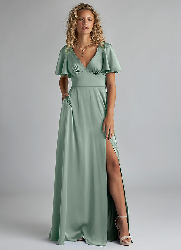 Azazie Kimber Bridesmaid Dresses Agave A-Line Ruched Stretch Satin Dress image1