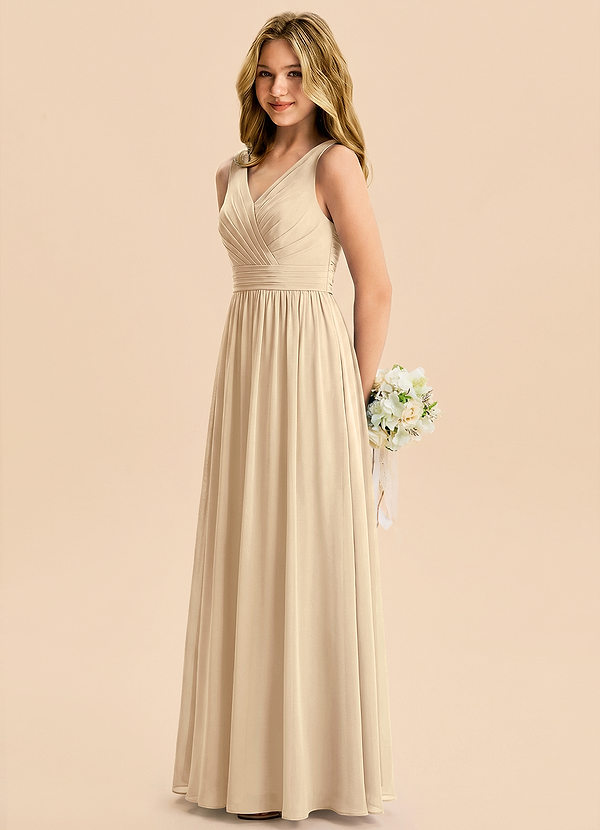 Azazie Kora Junior Champagne A-Line Pleated Chiffon Dress image1