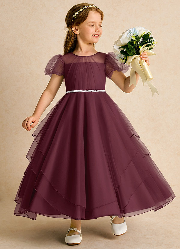 Azazie Duckie Abiti da Ragazza di Fiori Abito Principessa in Tulle Plissettato Cabernet image1