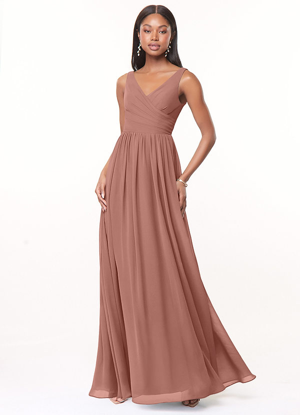 Azazie Keyla Bridesmaid Dresses A-Line V-Neck Pleated Chiffon Floor-Length Dress image1