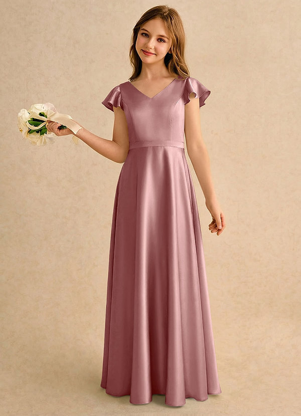 Azazie Nari Girls Formal Robes de Fillette d'Honneur Robe Trapèze en Satin extensible avec manches Rose Poussiéreuse image1